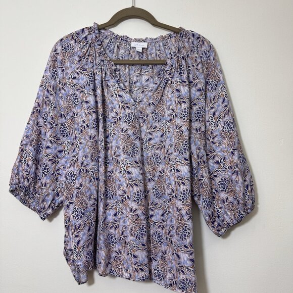 J. Jill Love Linen Peasant Blouse Size L Floral 3/4 Sleeve Beachy Coastal - Picture 2 of 9